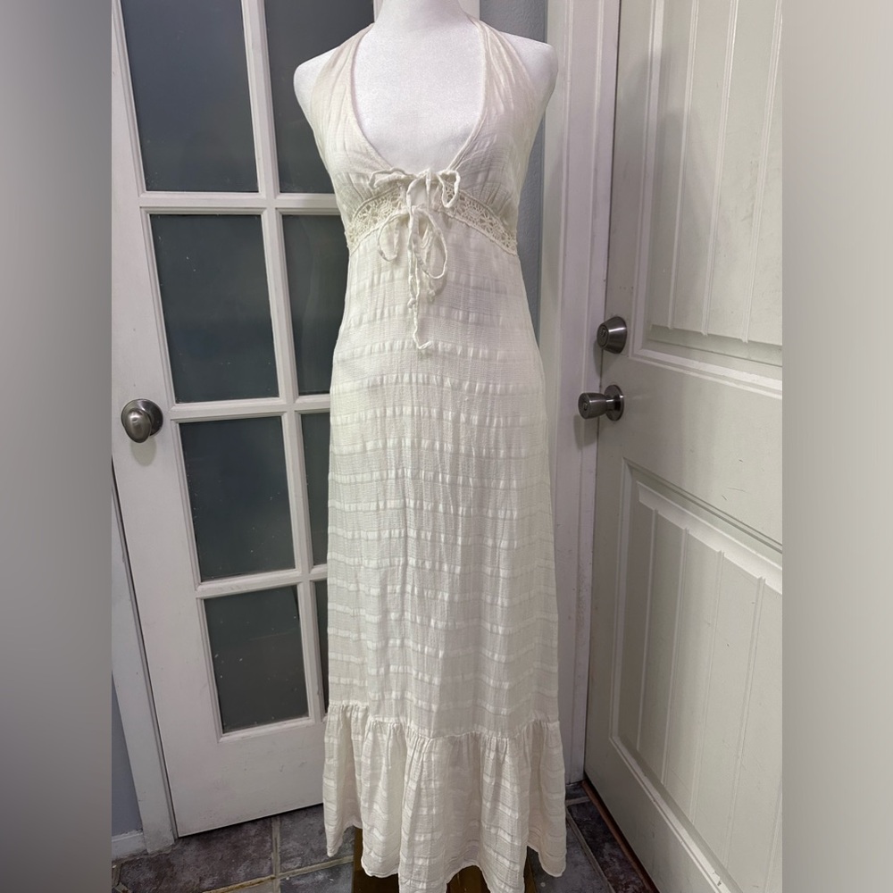 Ella Moss Long White Linen Maxi Halter Summer Dress Lace Detail Size 4 - Picture 2 of 11